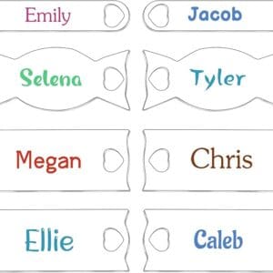 Personalized name tags with hearts.