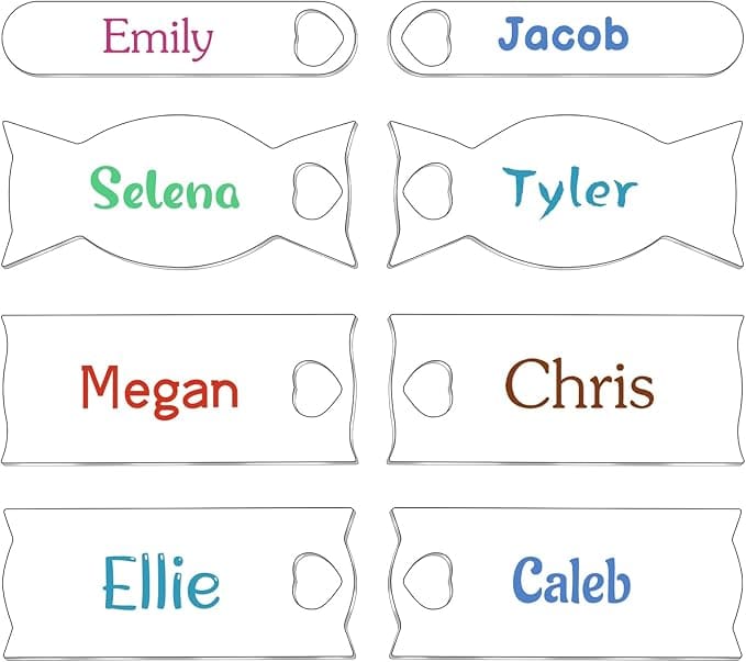 Personalized name tags with hearts.