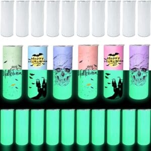 Glow-in-the-dark Halloween tumblers with designs.