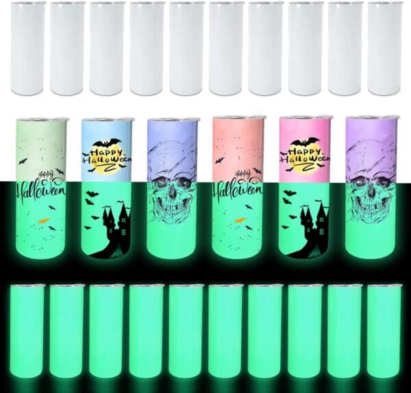 Glow-in-the-dark Halloween tumblers with designs.