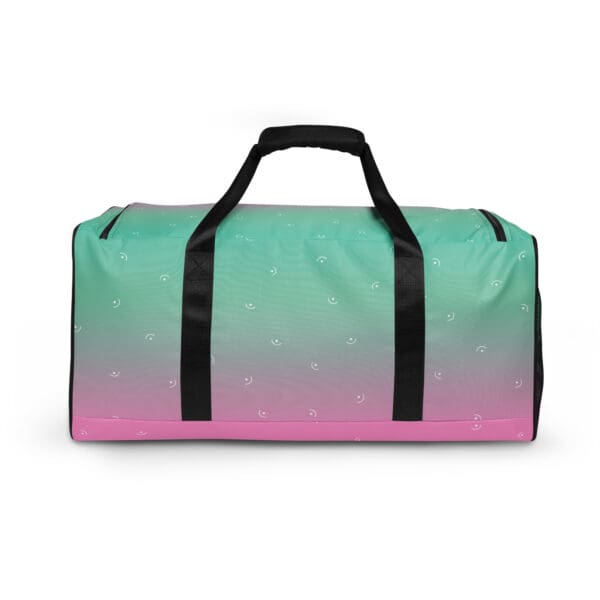 Green and pink duffel bag with smileys.